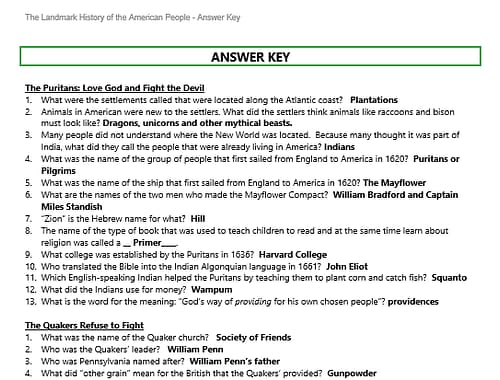 Sample page of Answer Key for Landmark History Workbook PDF