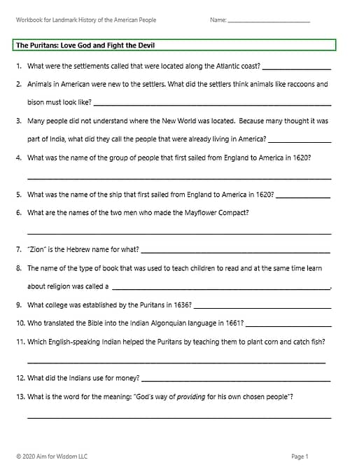 Sample page of Questions for Landmark History Workbook PDF
